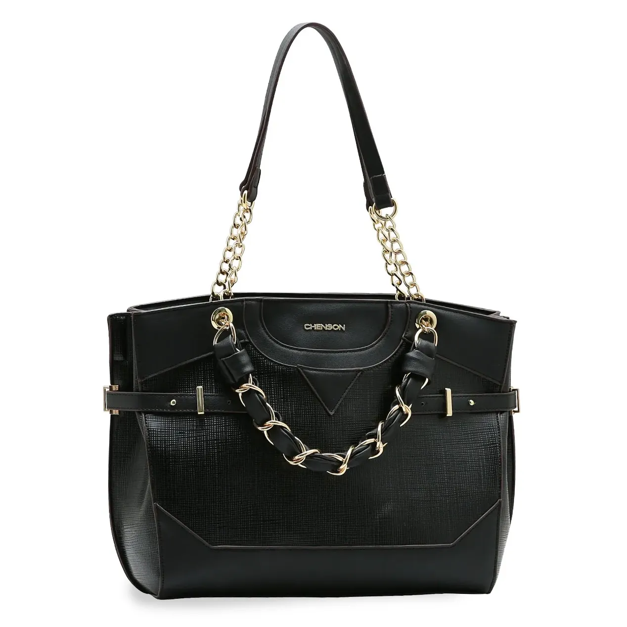 Bolsa feminina Chenson preta com acabamento texturizado, alças de corrente dourada e detalhes em metal dourado